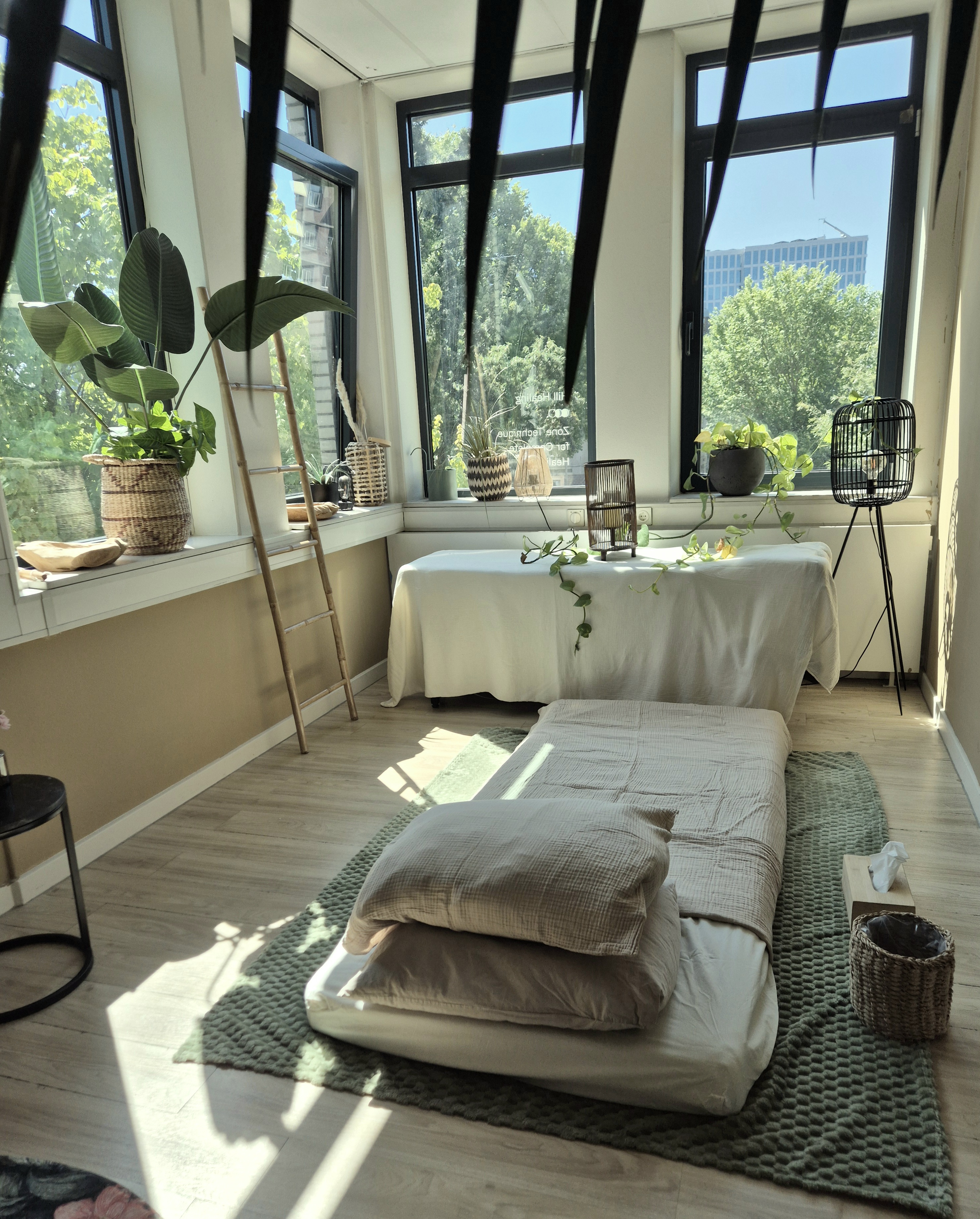 Warm interior suggesting a private one-day psilocybin session in Amsterdam
